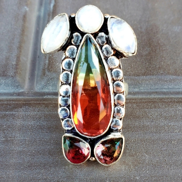 New Bi-Color Tourmaline and Rainbow Moonstone 925 Silver Ring. - Picture 7 of 14